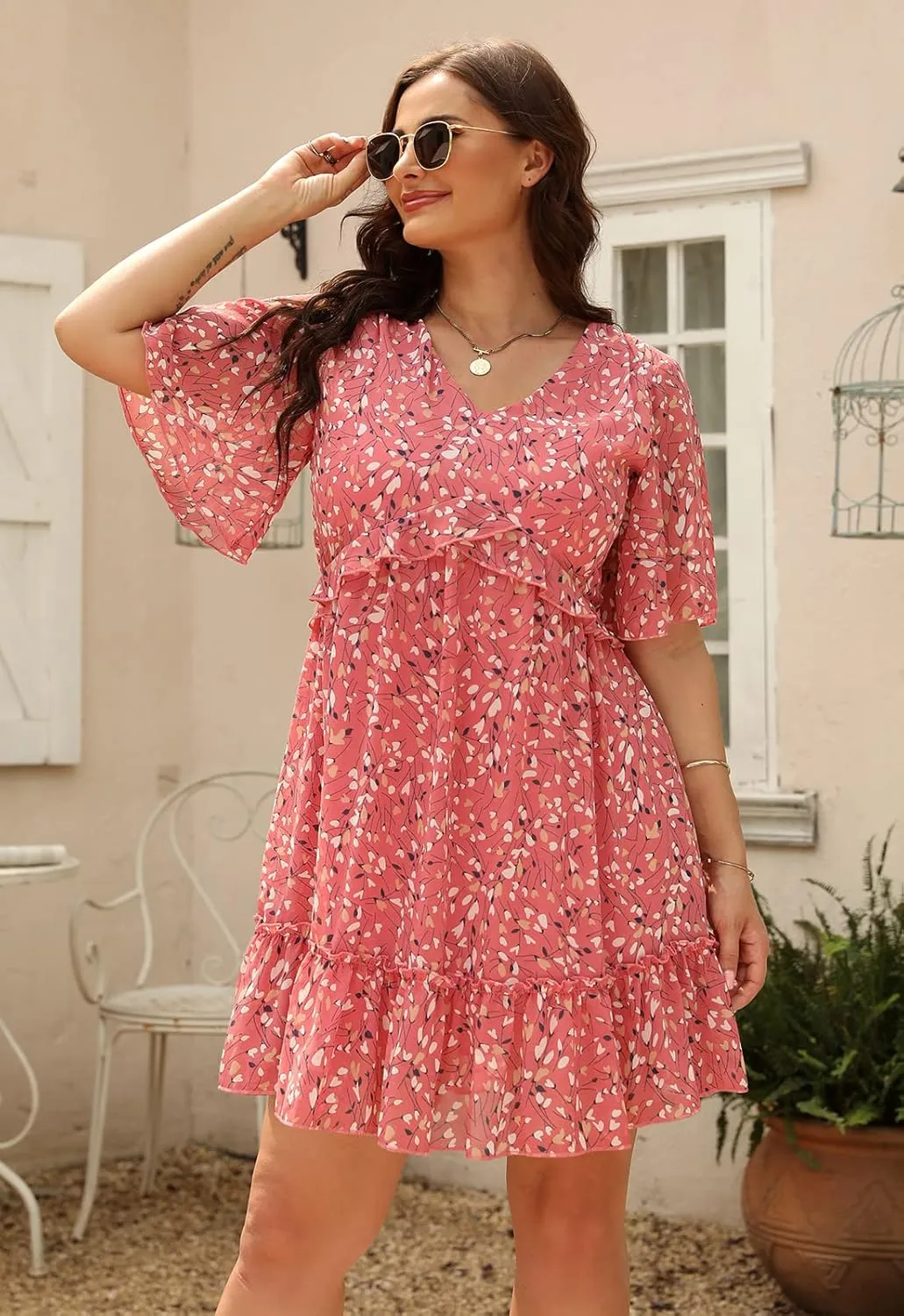 Nemidor Womens Loose Plus Size Summer Ditsy Floral Print Ruffle Mini Flowy Dress NEM314