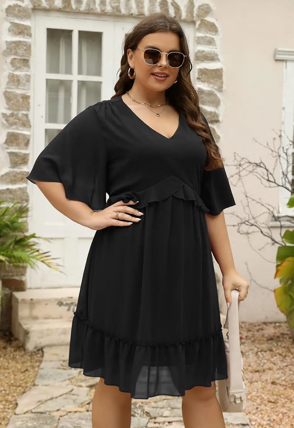 Nemidor Womens Loose Plus Size Summer Ditsy Floral Print Ruffle Mini Flowy Dress NEM314