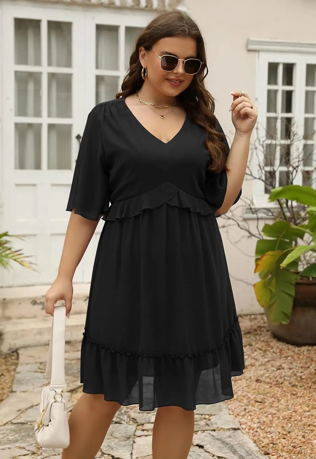 Nemidor Womens Loose Plus Size Summer Ditsy Floral Print Ruffle Mini Flowy Dress NEM314