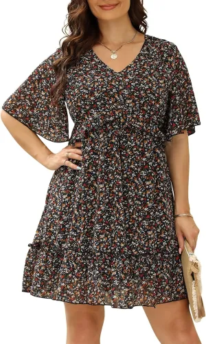 Nemidor Womens Loose Plus Size Summer Ditsy Floral Print Ruffle Mini Flowy Dress NEM314