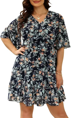 Nemidor Womens Loose Plus Size Summer Ditsy Floral Print Ruffle Mini Flowy Dress NEM314