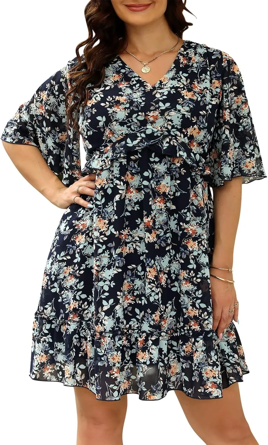 Nemidor Womens Loose Plus Size Summer Ditsy Floral Print Ruffle Mini Flowy Dress NEM314