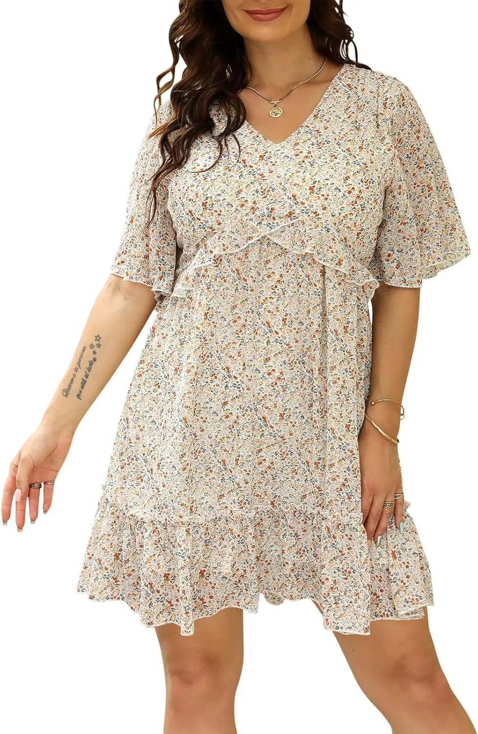 Nemidor Womens Loose Plus Size Summer Ditsy Floral Print Ruffle Mini Flowy Dress NEM314