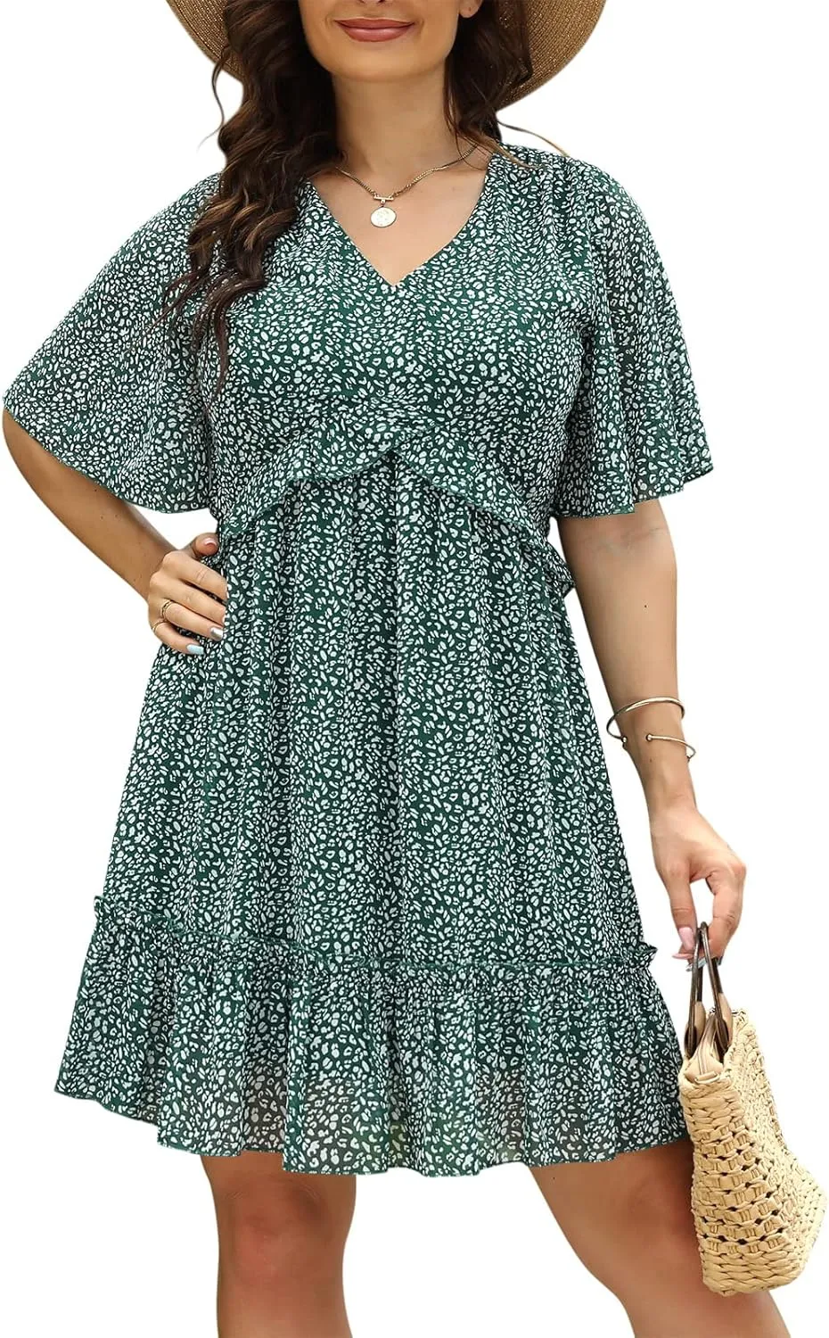 Nemidor Womens Loose Plus Size Summer Ditsy Floral Print Ruffle Mini Flowy Dress NEM314