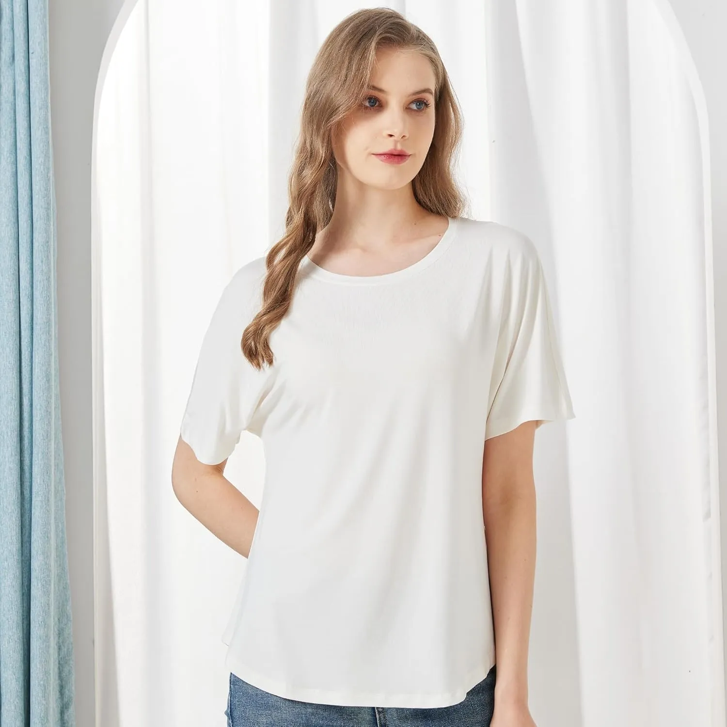 netdraw Women's Ultra Soft Bamboo Viscose Dolman Top Loose Fit Trendy Casual Lounge Short Sleeve Pajama Batwing T-Shirt