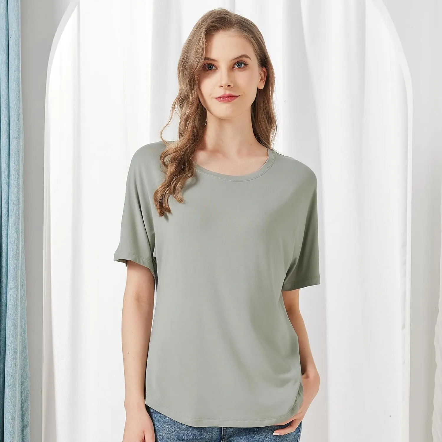 netdraw Women's Ultra Soft Bamboo Viscose Dolman Top Loose Fit Trendy Casual Lounge Short Sleeve Pajama Batwing T-Shirt
