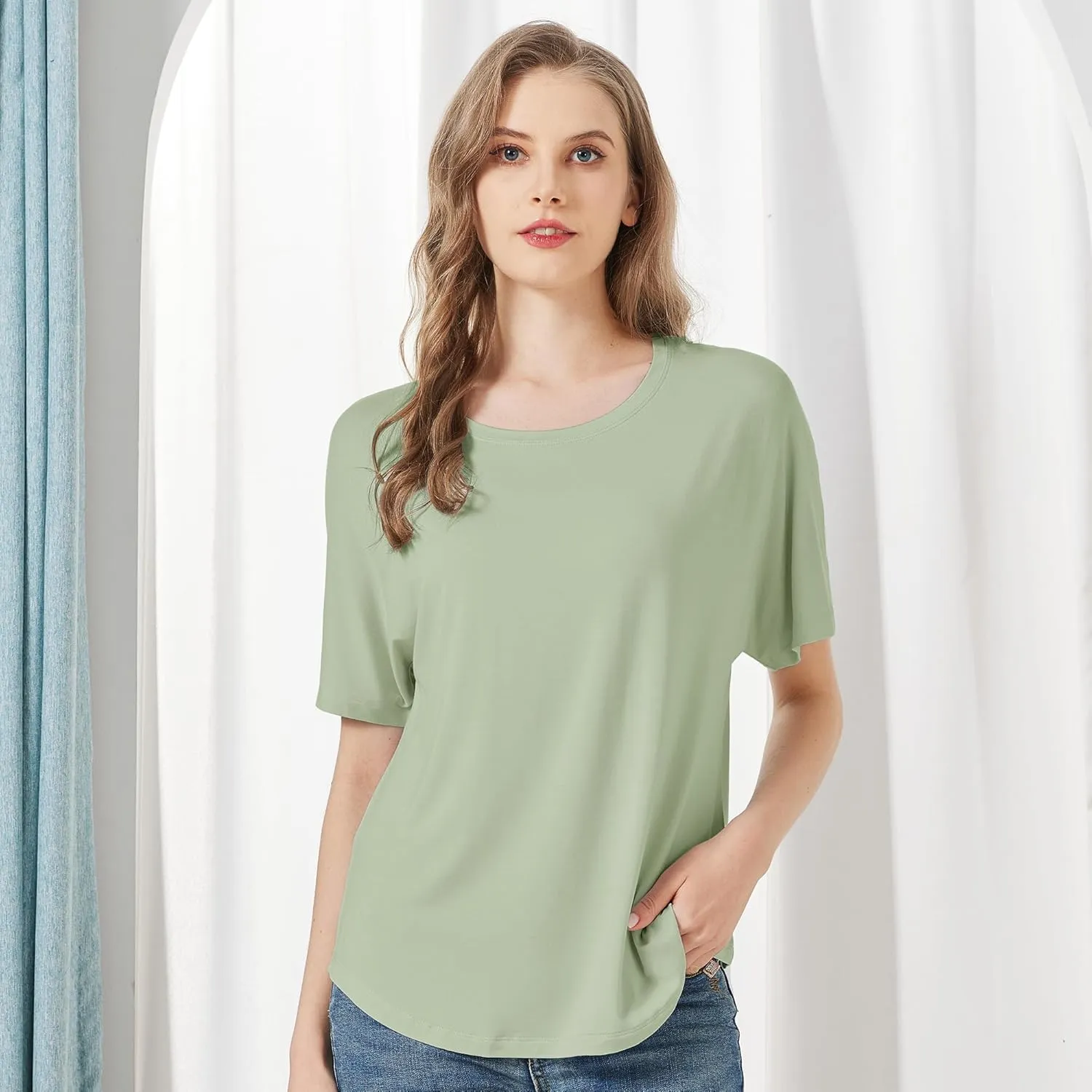 netdraw Women's Ultra Soft Bamboo Viscose Dolman Top Loose Fit Trendy Casual Lounge Short Sleeve Pajama Batwing T-Shirt