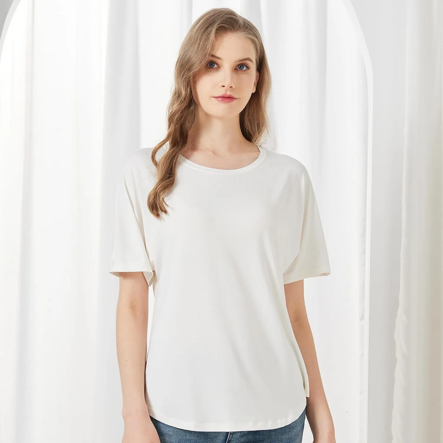 netdraw Women's Ultra Soft Bamboo Viscose Dolman Top Loose Fit Trendy Casual Lounge Short Sleeve Pajama Batwing T-Shirt