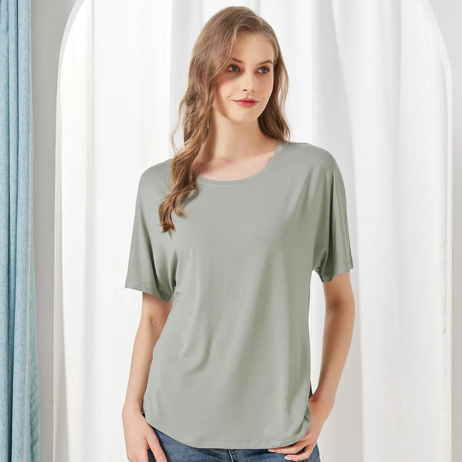 netdraw Women's Ultra Soft Bamboo Viscose Dolman Top Loose Fit Trendy Casual Lounge Short Sleeve Pajama Batwing T-Shirt