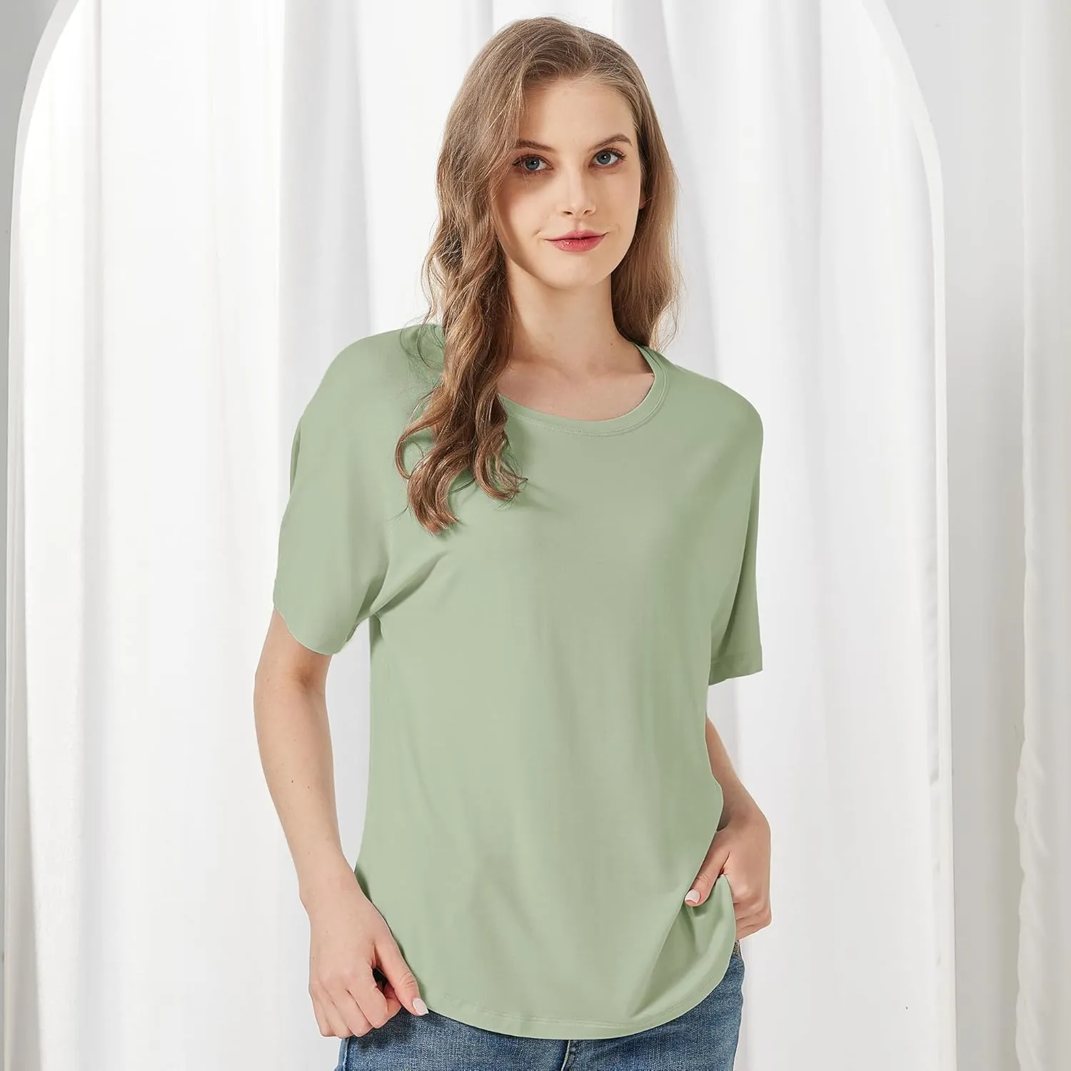 netdraw Women's Ultra Soft Bamboo Viscose Dolman Top Loose Fit Trendy Casual Lounge Short Sleeve Pajama Batwing T-Shirt