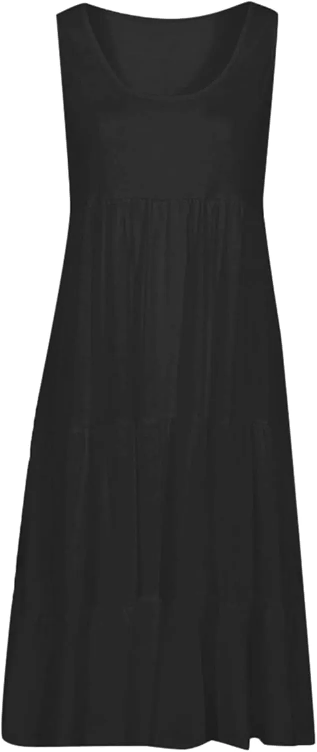 OMZIN Women Crewneck Sleeveless Beach Dresses Loose Swing Tank Midi Casual Dress