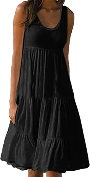 OMZIN Women Crewneck Sleeveless Beach Dresses Loose Swing Tank Midi Casual Dress