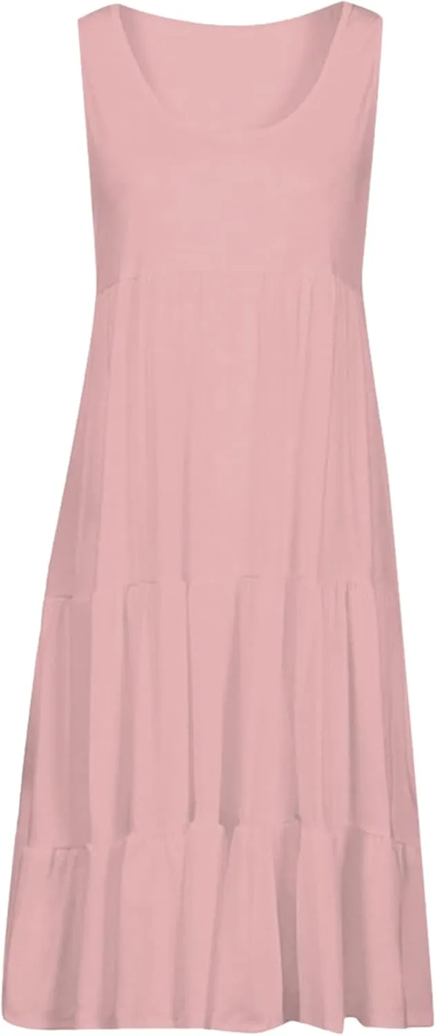 OMZIN Women Crewneck Sleeveless Beach Dresses Loose Swing Tank Midi Casual Dress
