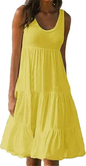 OMZIN Women Crewneck Sleeveless Beach Dresses Loose Swing Tank Midi Casual Dress