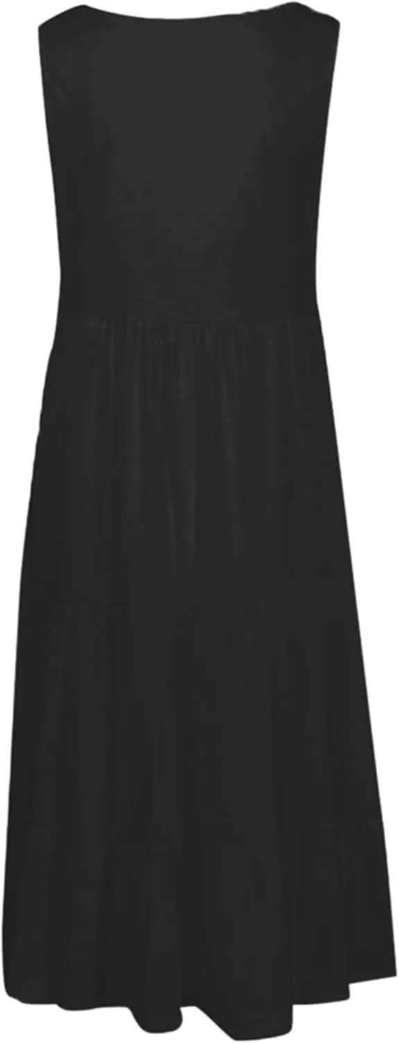 OMZIN Women Crewneck Sleeveless Beach Dresses Loose Swing Tank Midi Casual Dress