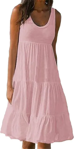 OMZIN Women Crewneck Sleeveless Beach Dresses Loose Swing Tank Midi Casual Dress