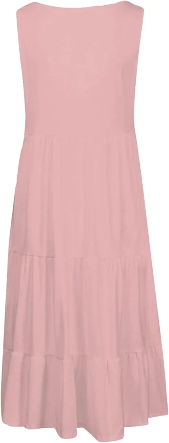OMZIN Women Crewneck Sleeveless Beach Dresses Loose Swing Tank Midi Casual Dress