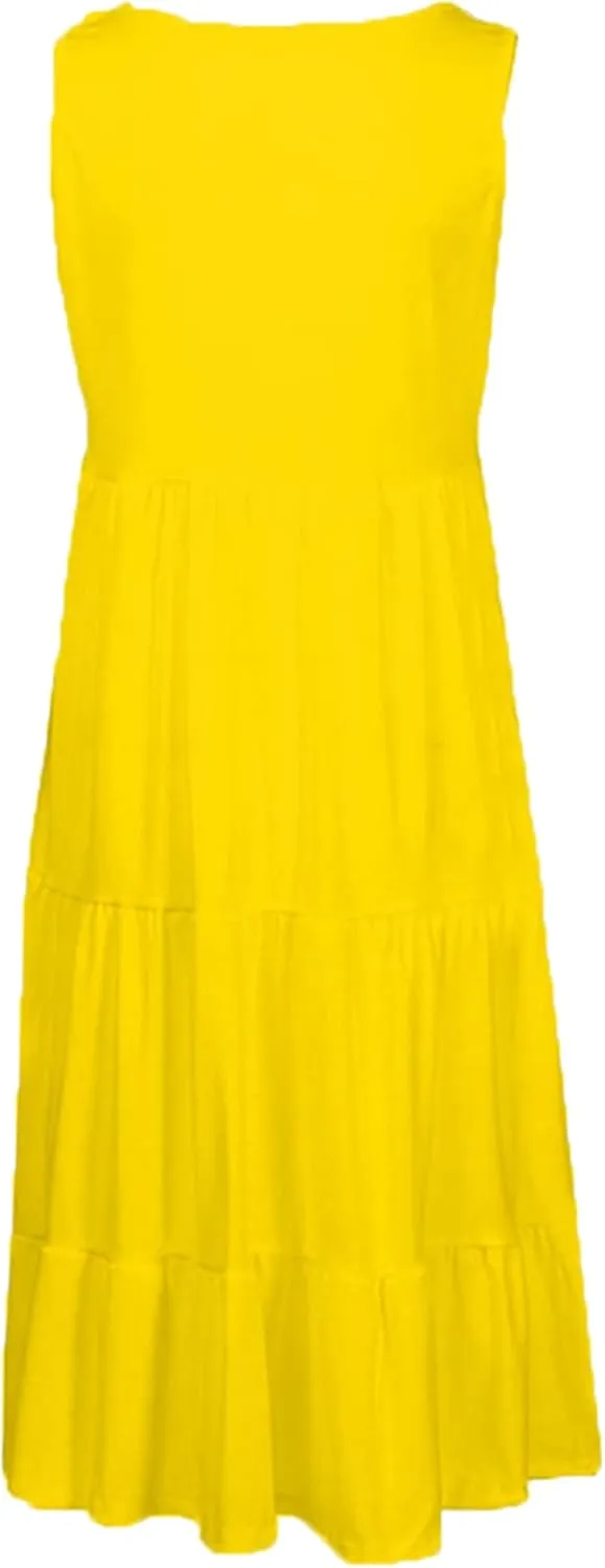 OMZIN Women Crewneck Sleeveless Beach Dresses Loose Swing Tank Midi Casual Dress