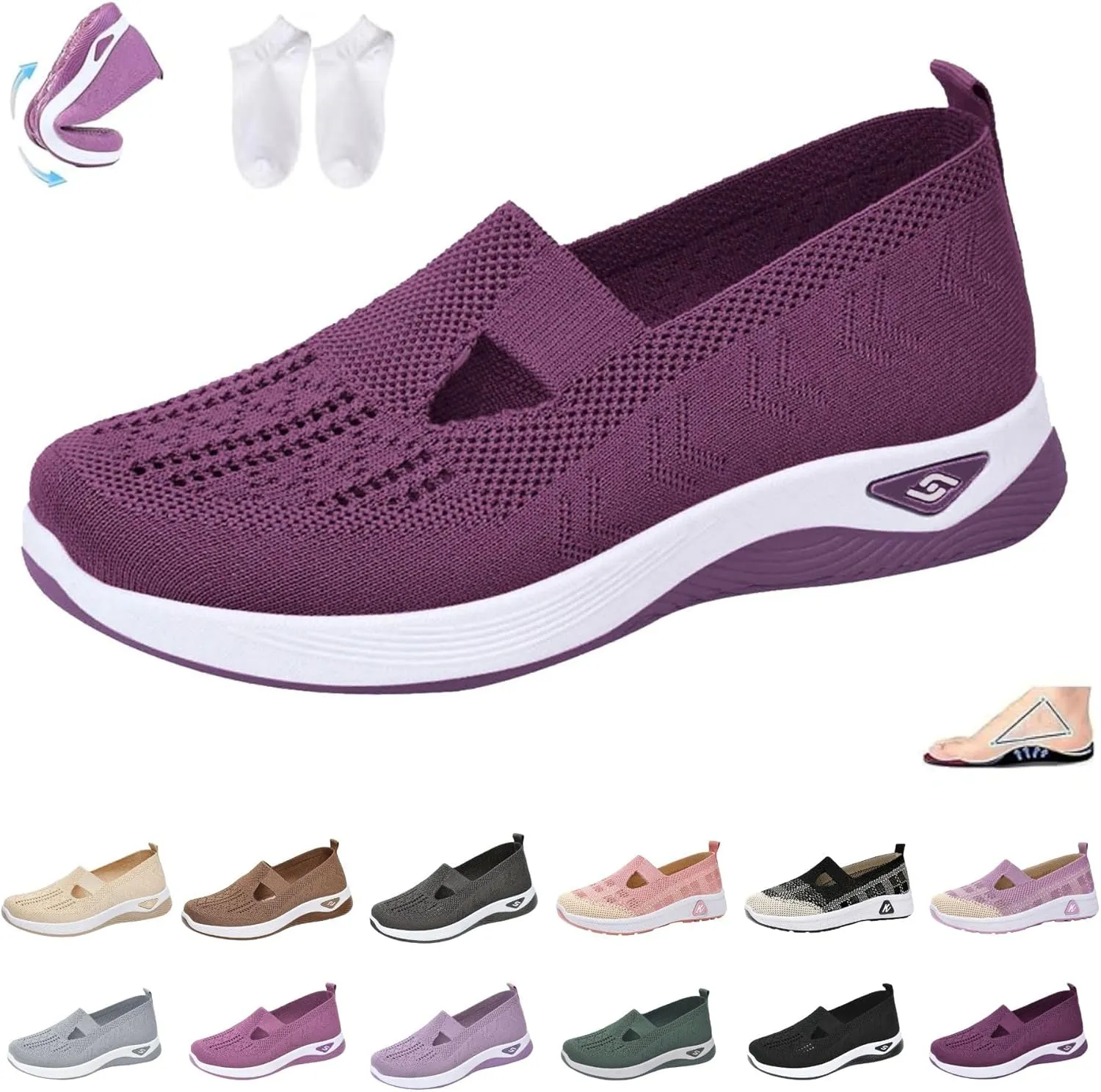 Orthowalkway Womens Shoes, Women's Comfortable Breathable Knitted Sneakers, Orthopedic Slip-On Lightweight Shoes
