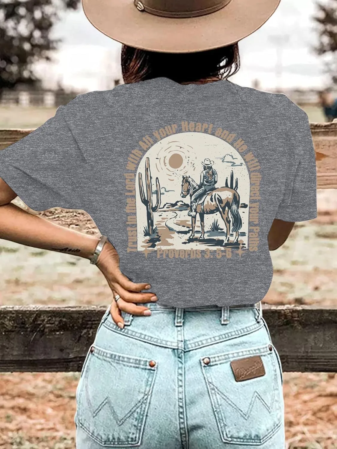 OUNAR Country Music Shirts for Women Western Cowboy Graphic Tshirt Proverbs Bible Verse Short Sleeve Tees Tops