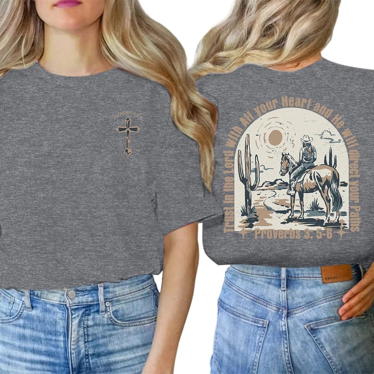 OUNAR Country Music Shirts for Women Western Cowboy Graphic Tshirt Proverbs Bible Verse Short Sleeve Tees Tops