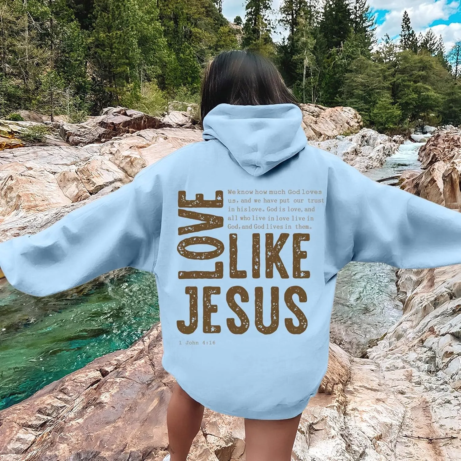 Oversized Hoodie For Women Love Like Jesus Hooded Drawstring Sweatshirts Loose Letter Print Long Sleeve Pullover Hoodie Tops