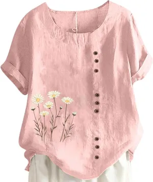 Oversized Tshirts for Women Casual Cotton Linen Short Sleeve Tee Blouse Round Neck Going Out Loose Workout Tops