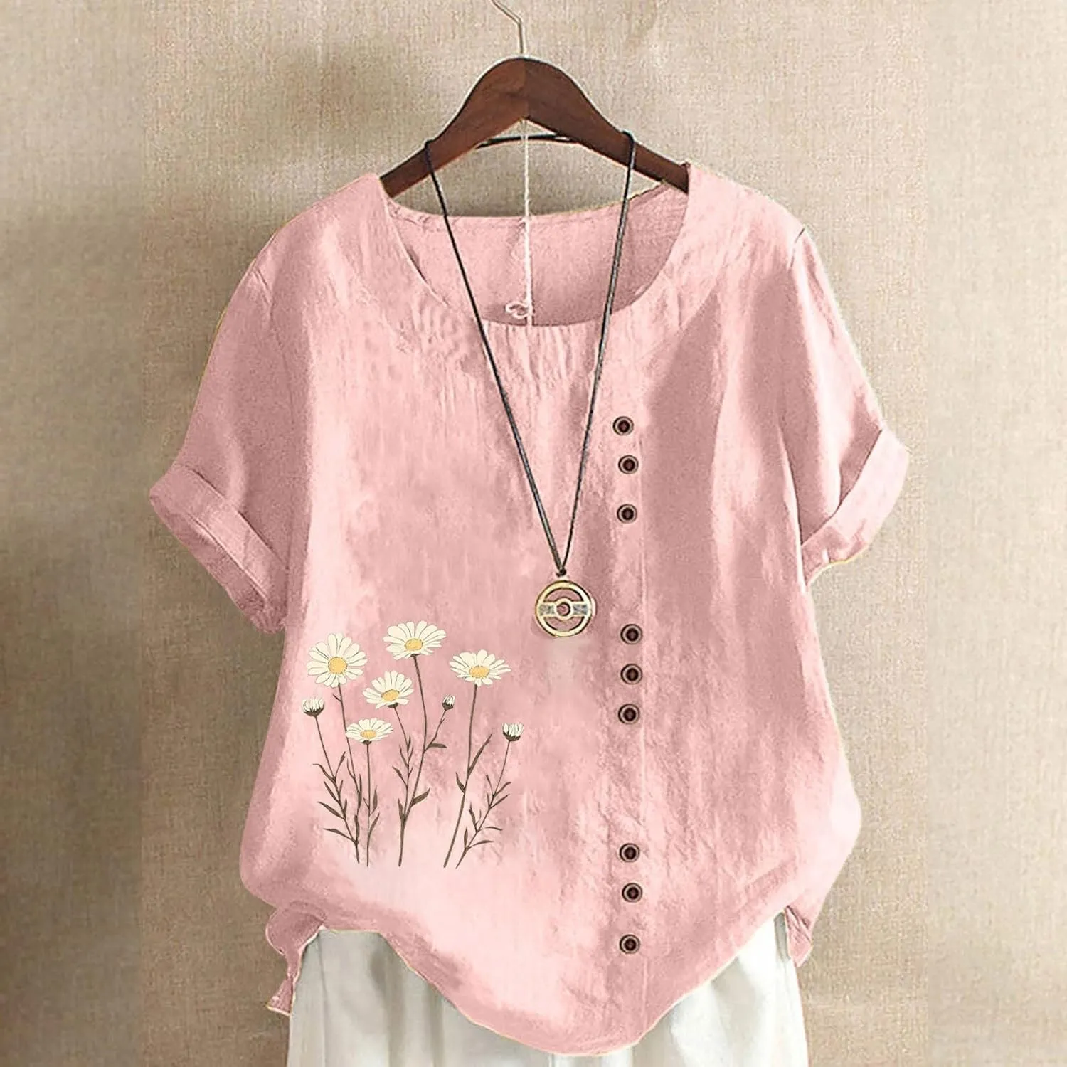 Oversized Tshirts for Women Casual Cotton Linen Short Sleeve Tee Blouse Round Neck Going Out Loose Workout Tops