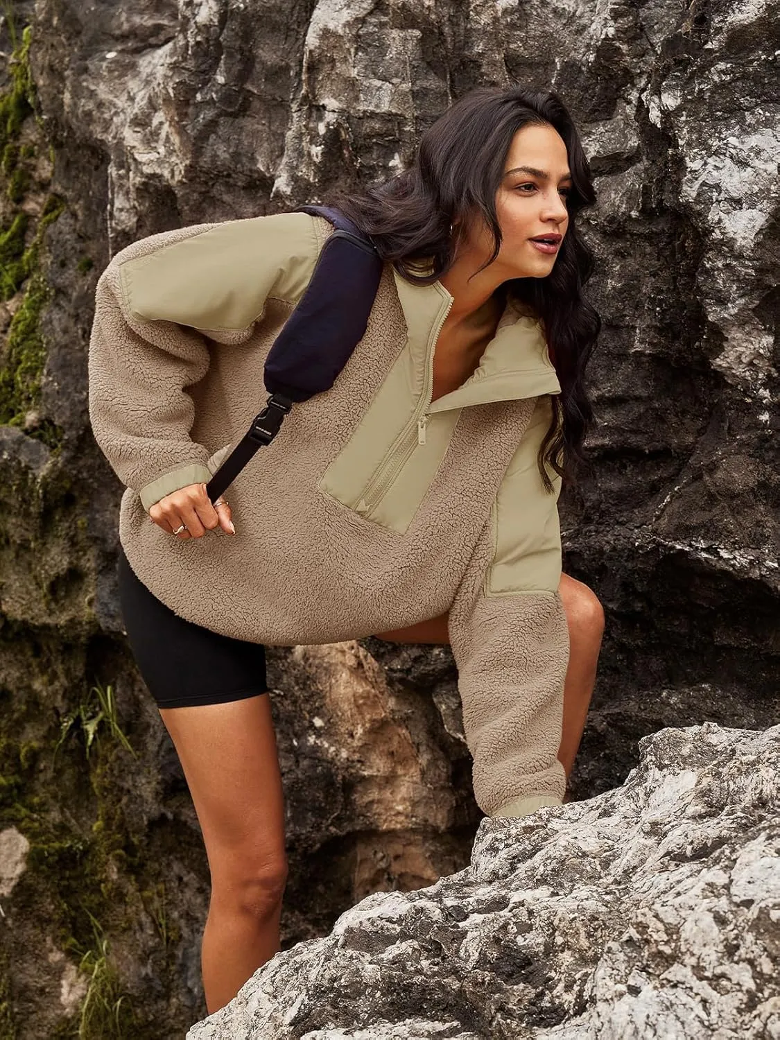 Panadila Womens Half Zip Pullover with Pockets Sherpa Hoodie Oversized Hooded Sweatshirt Warm Fleece Jackets