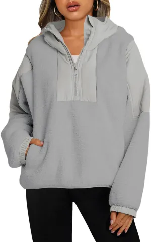 Panadila Womens Half Zip Pullover with Pockets Sherpa Hoodie Oversized Hooded Sweatshirt Warm Fleece Jackets