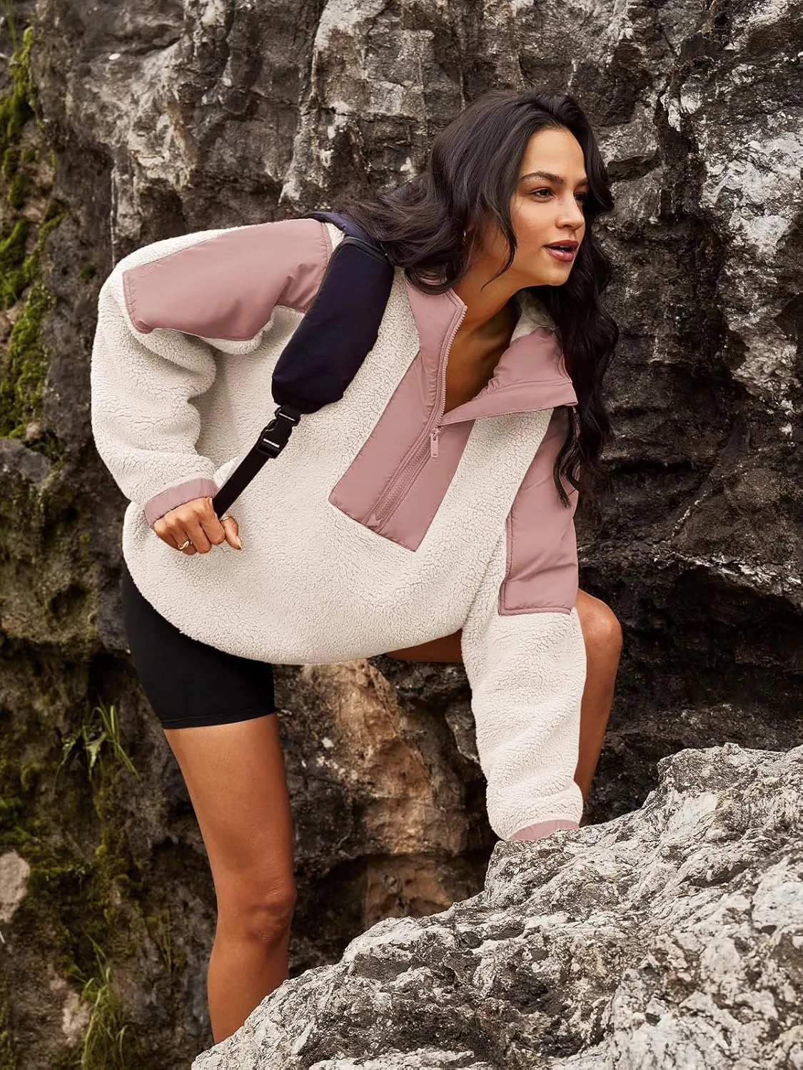 Panadila Womens Half Zip Pullover with Pockets Sherpa Hoodie Oversized Hooded Sweatshirt Warm Fleece Jackets