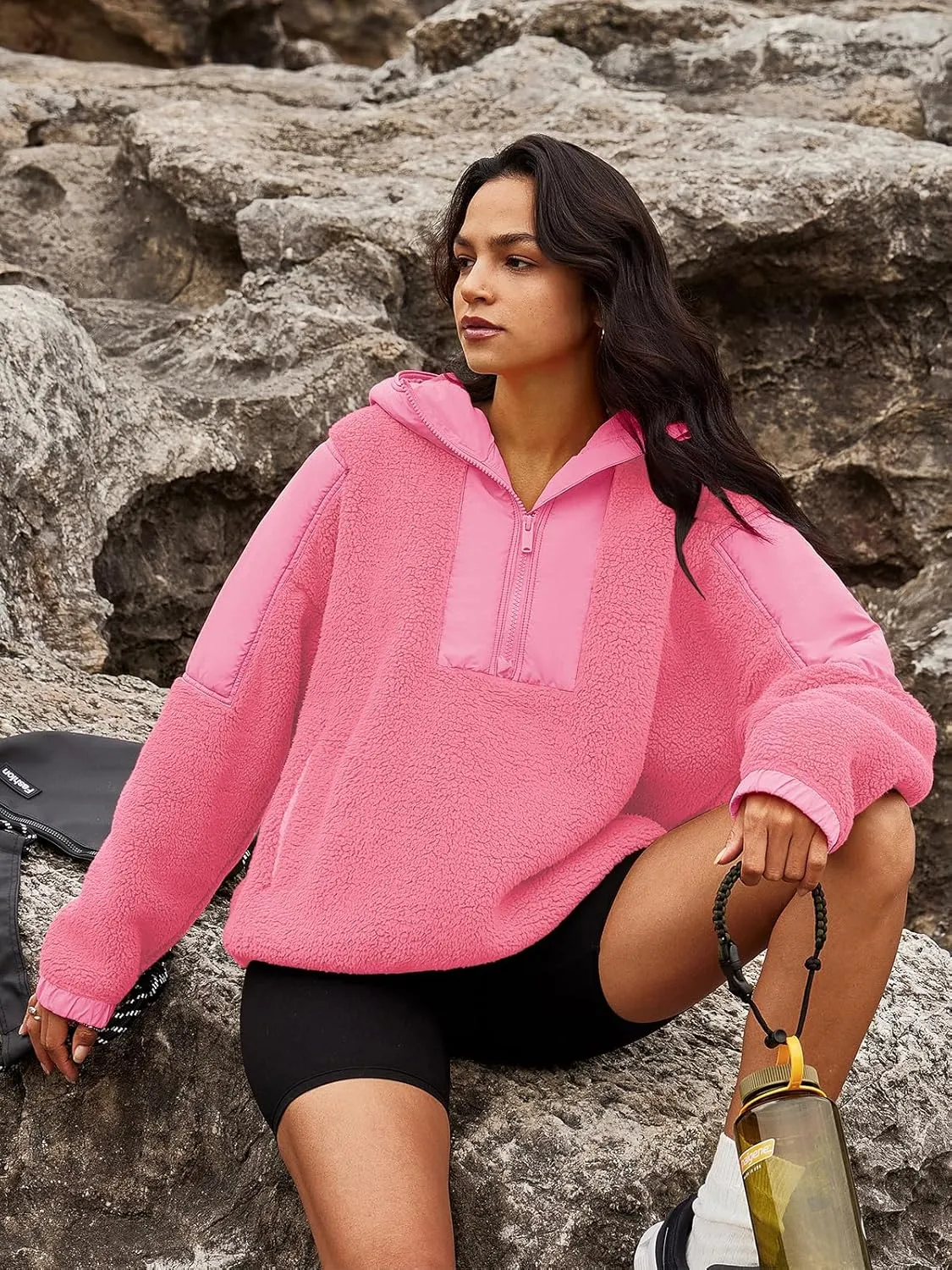 Panadila Womens Half Zip Pullover with Pockets Sherpa Hoodie Oversized Hooded Sweatshirt Warm Fleece Jackets