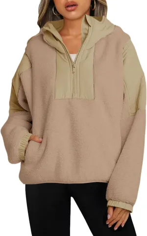 Panadila Womens Half Zip Pullover with Pockets Sherpa Hoodie Oversized Hooded Sweatshirt Warm Fleece Jackets
