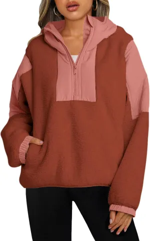 Panadila Womens Half Zip Pullover with Pockets Sherpa Hoodie Oversized Hooded Sweatshirt Warm Fleece Jackets