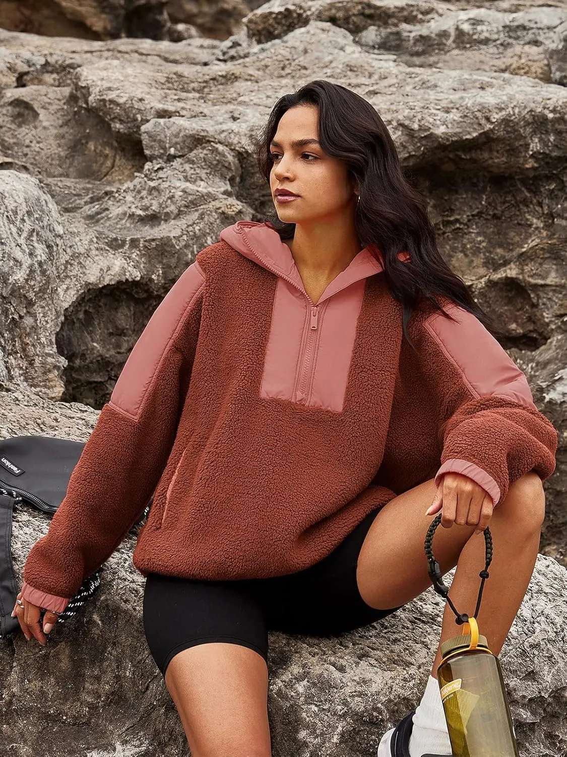 Panadila Womens Half Zip Pullover with Pockets Sherpa Hoodie Oversized Hooded Sweatshirt Warm Fleece Jackets