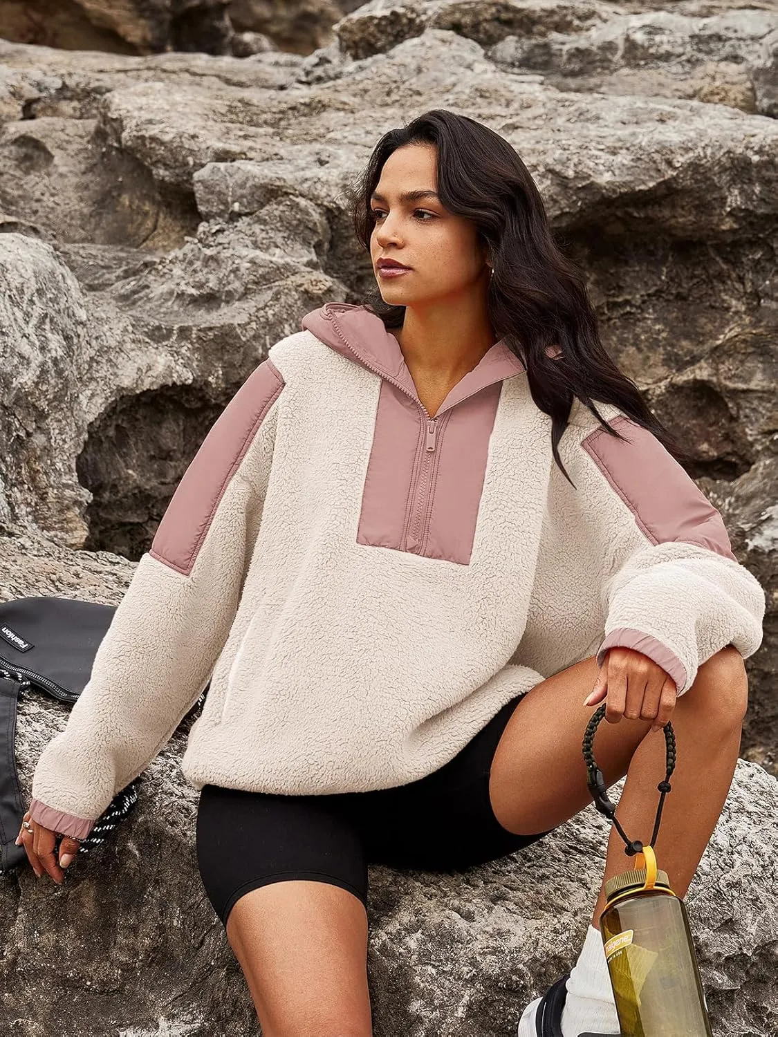 Panadila Womens Half Zip Pullover with Pockets Sherpa Hoodie Oversized Hooded Sweatshirt Warm Fleece Jackets