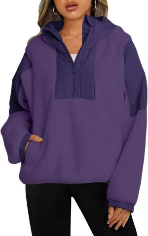 Panadila Womens Half Zip Pullover with Pockets Sherpa Hoodie Oversized Hooded Sweatshirt Warm Fleece Jackets