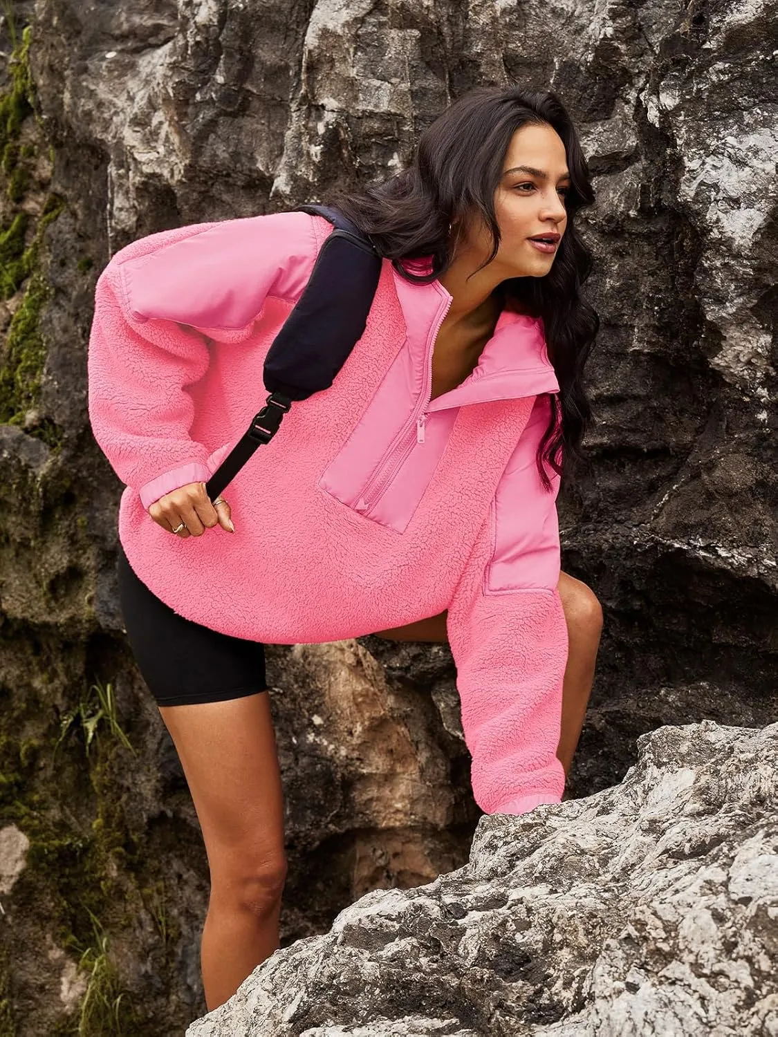Panadila Womens Half Zip Pullover with Pockets Sherpa Hoodie Oversized Hooded Sweatshirt Warm Fleece Jackets