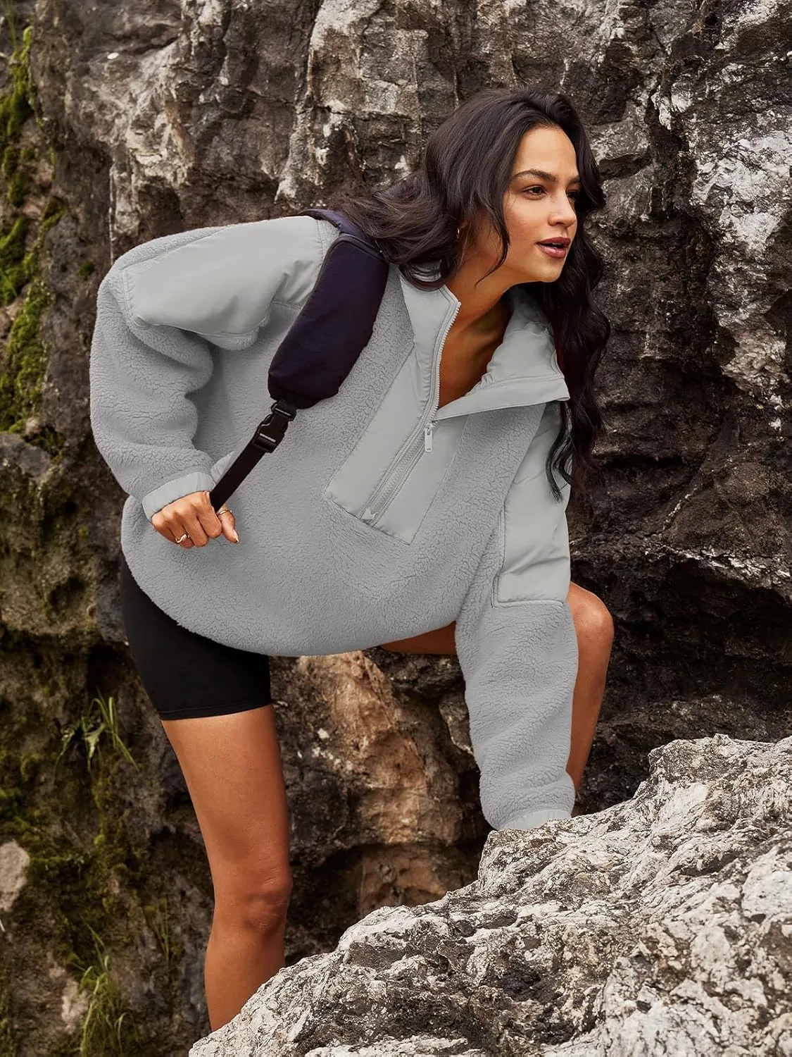 Panadila Womens Half Zip Pullover with Pockets Sherpa Hoodie Oversized Hooded Sweatshirt Warm Fleece Jackets
