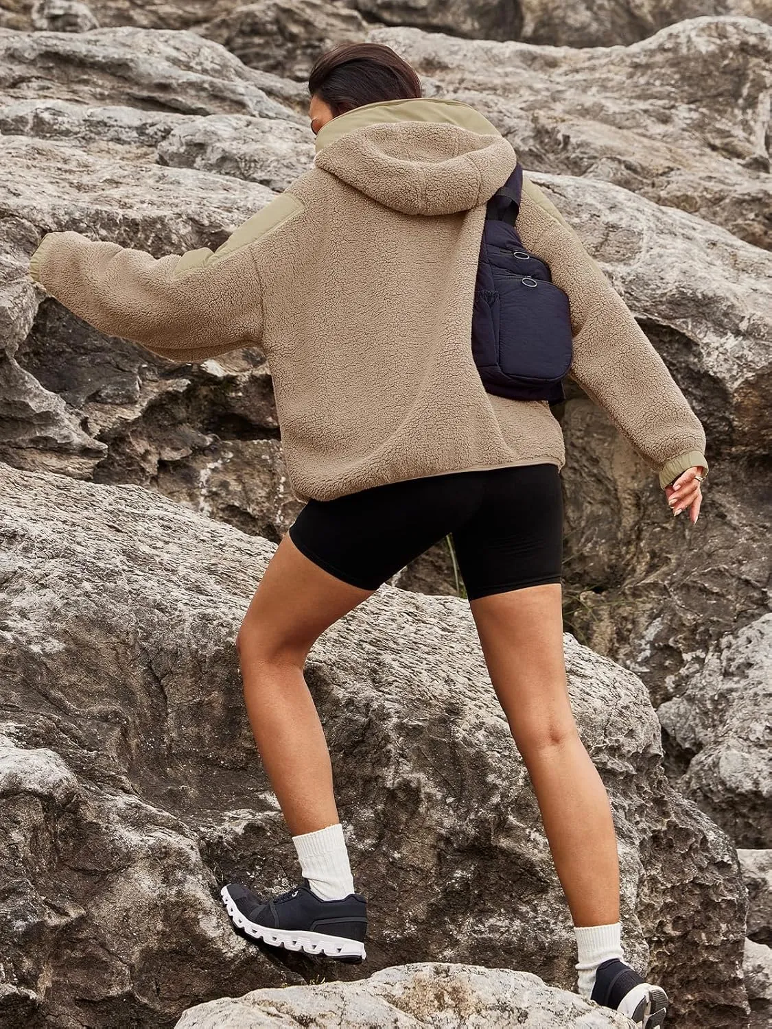 Panadila Womens Half Zip Pullover with Pockets Sherpa Hoodie Oversized Hooded Sweatshirt Warm Fleece Jackets