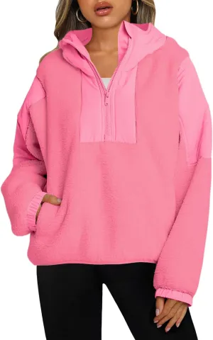 Panadila Womens Half Zip Pullover with Pockets Sherpa Hoodie Oversized Hooded Sweatshirt Warm Fleece Jackets