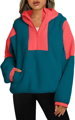 Panadila Womens Half Zip Pullover with Pockets Sherpa Hoodie Oversized Hooded Sweatshirt Warm Fleece Jackets