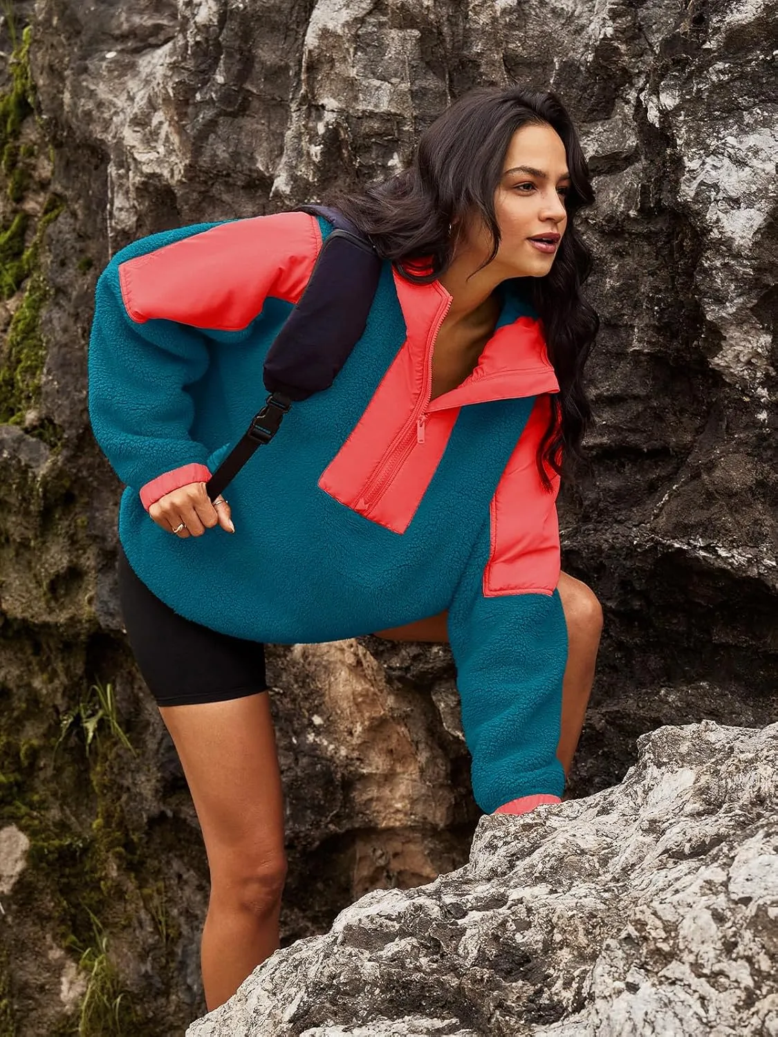 Panadila Womens Half Zip Pullover with Pockets Sherpa Hoodie Oversized Hooded Sweatshirt Warm Fleece Jackets