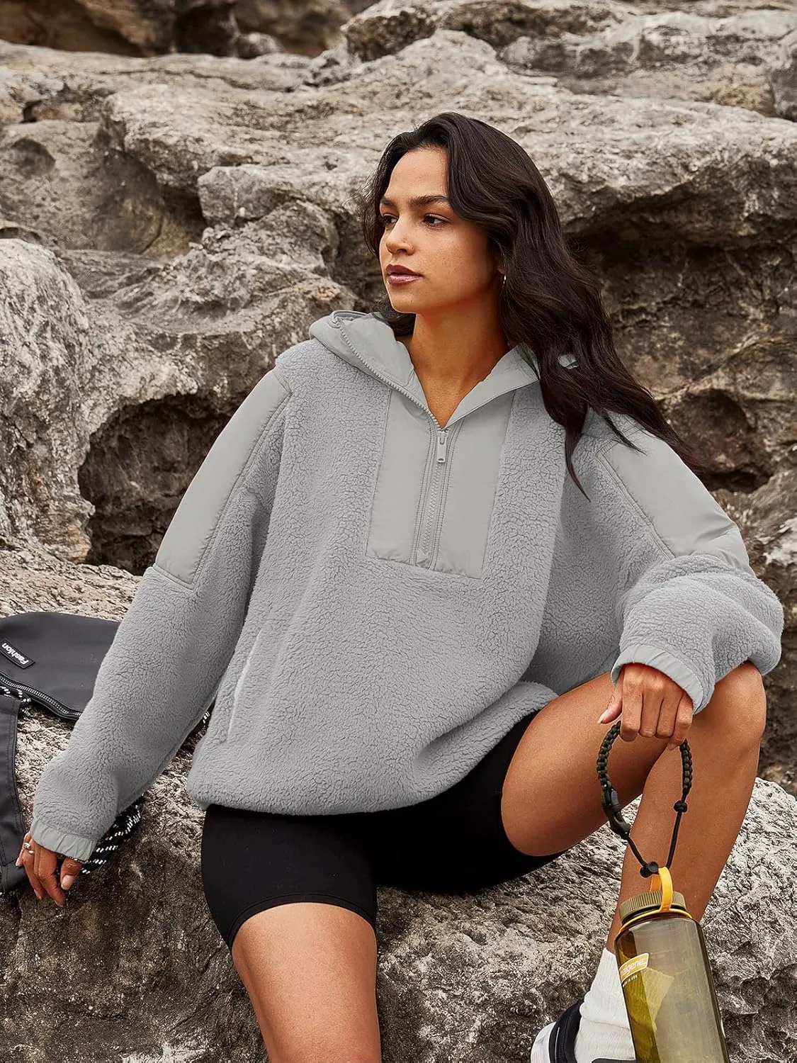 Panadila Womens Half Zip Pullover with Pockets Sherpa Hoodie Oversized Hooded Sweatshirt Warm Fleece Jackets