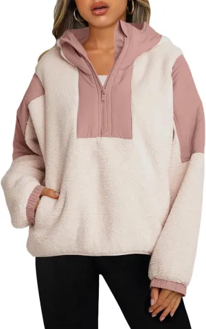Panadila Womens Half Zip Pullover with Pockets Sherpa Hoodie Oversized Hooded Sweatshirt Warm Fleece Jackets