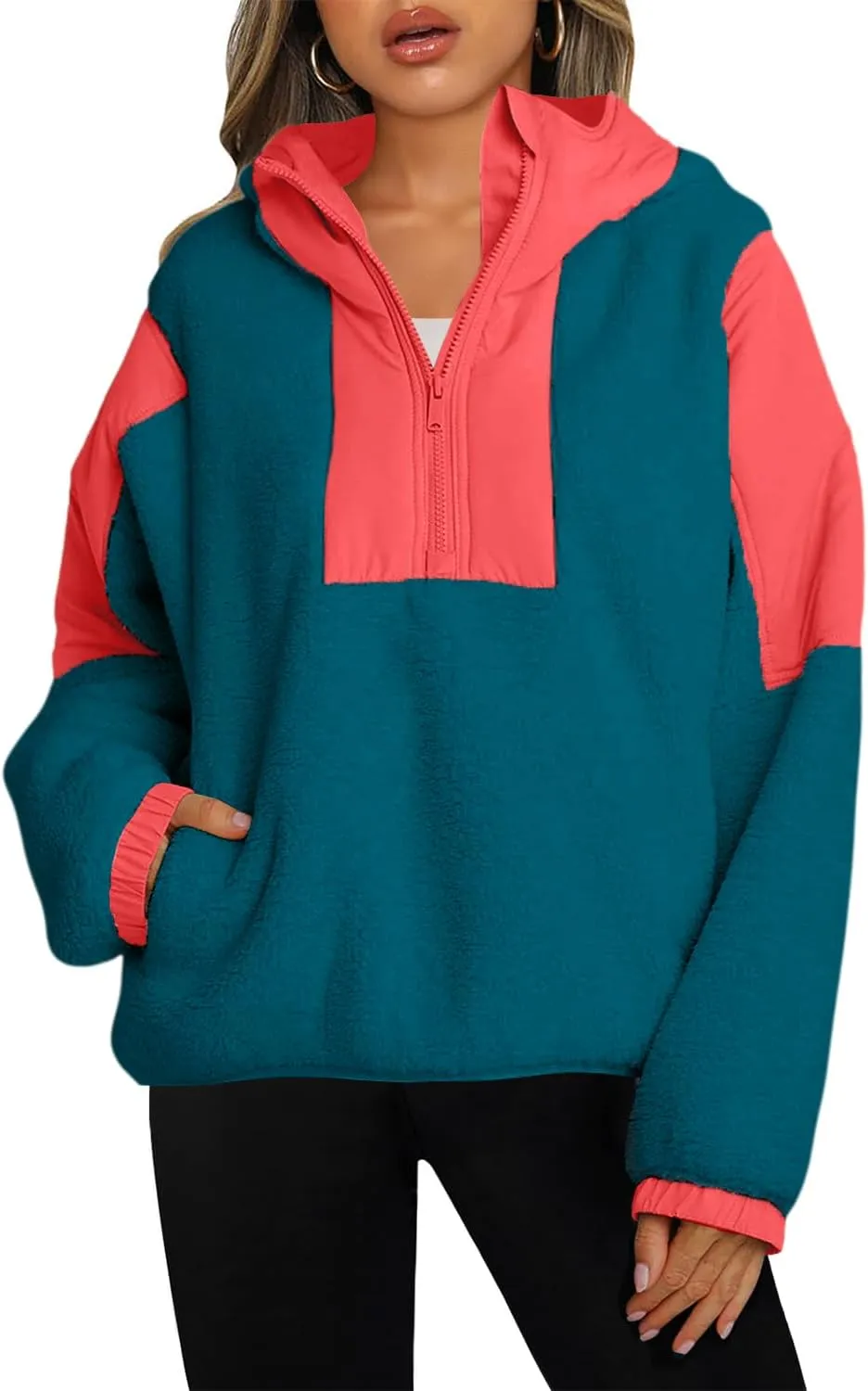Panadila Womens Half Zip Pullover with Pockets Sherpa Hoodie Oversized Hooded Sweatshirt Warm Fleece Jackets