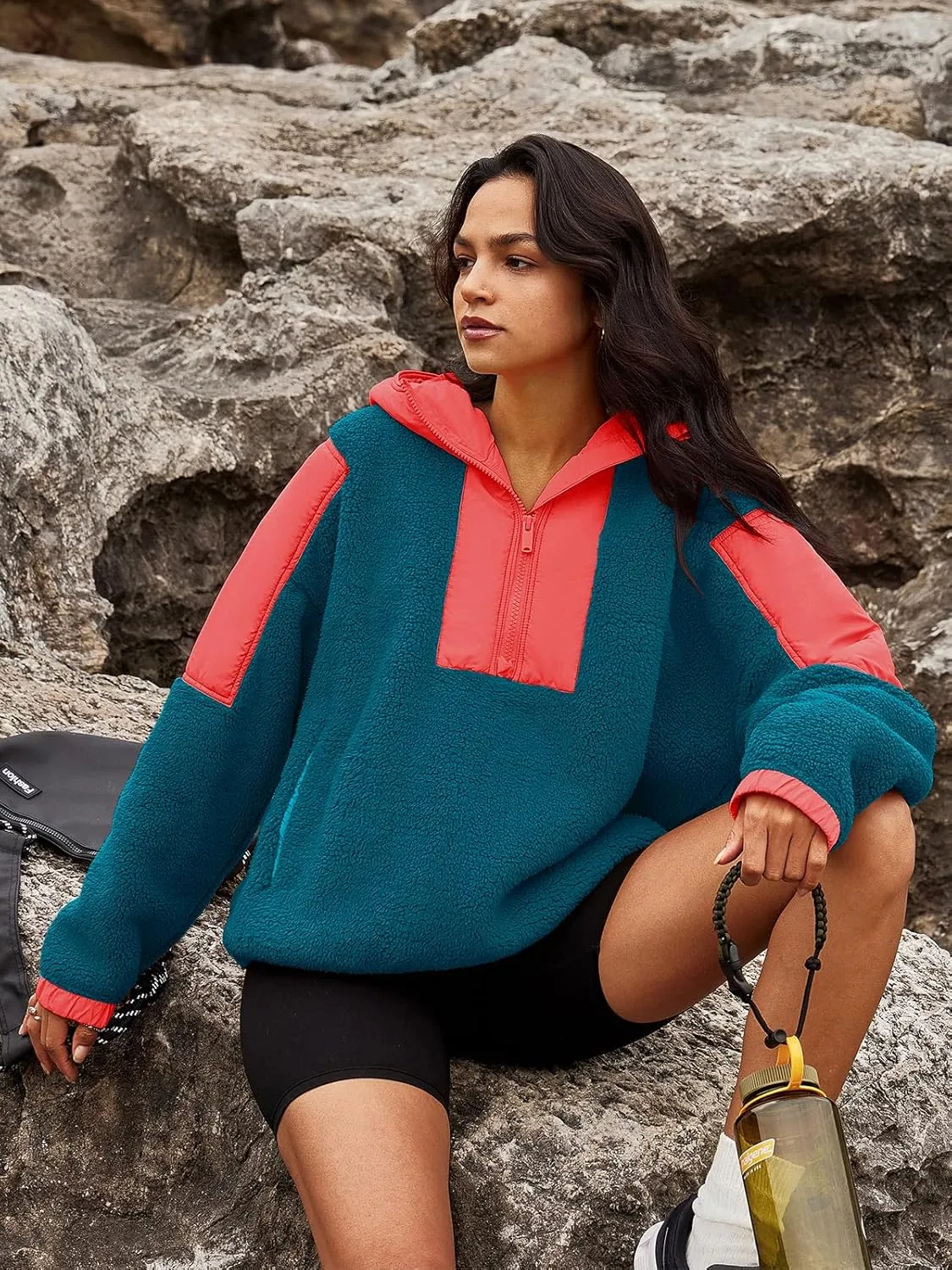 Panadila Womens Half Zip Pullover with Pockets Sherpa Hoodie Oversized Hooded Sweatshirt Warm Fleece Jackets
