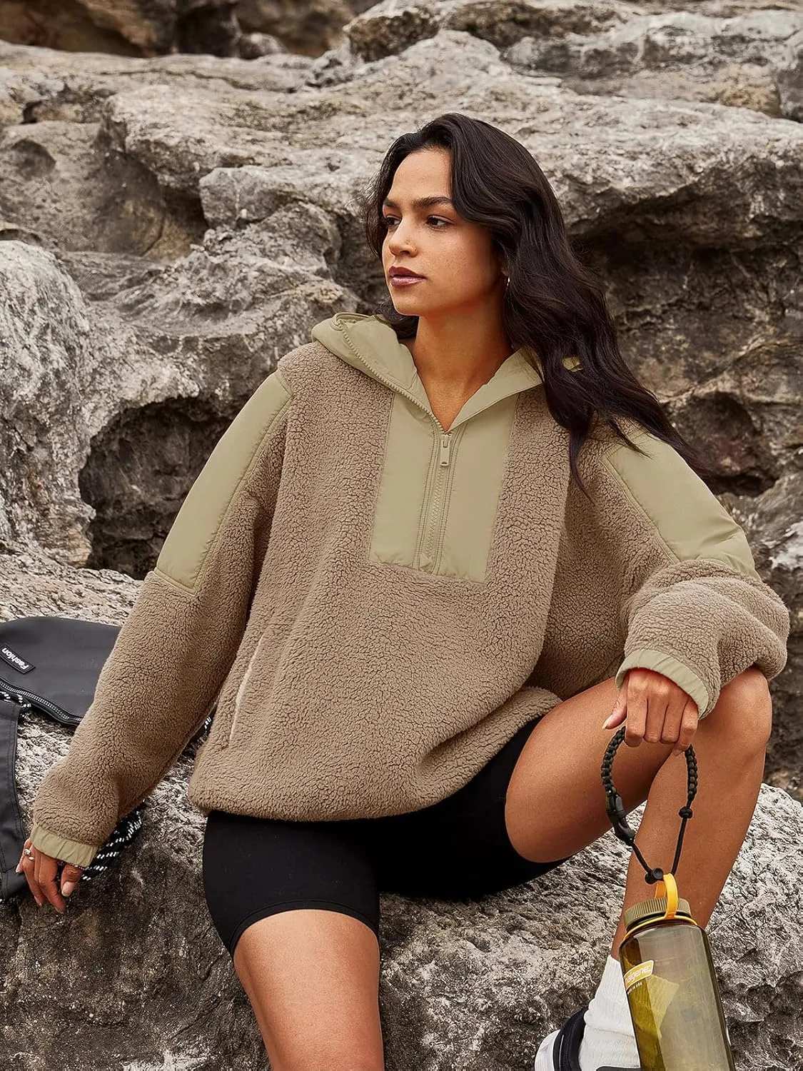 Panadila Womens Half Zip Pullover with Pockets Sherpa Hoodie Oversized Hooded Sweatshirt Warm Fleece Jackets