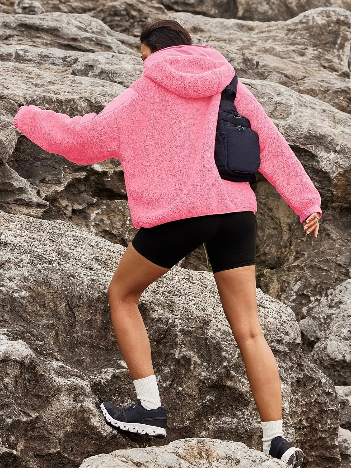 Panadila Womens Half Zip Pullover with Pockets Sherpa Hoodie Oversized Hooded Sweatshirt Warm Fleece Jackets