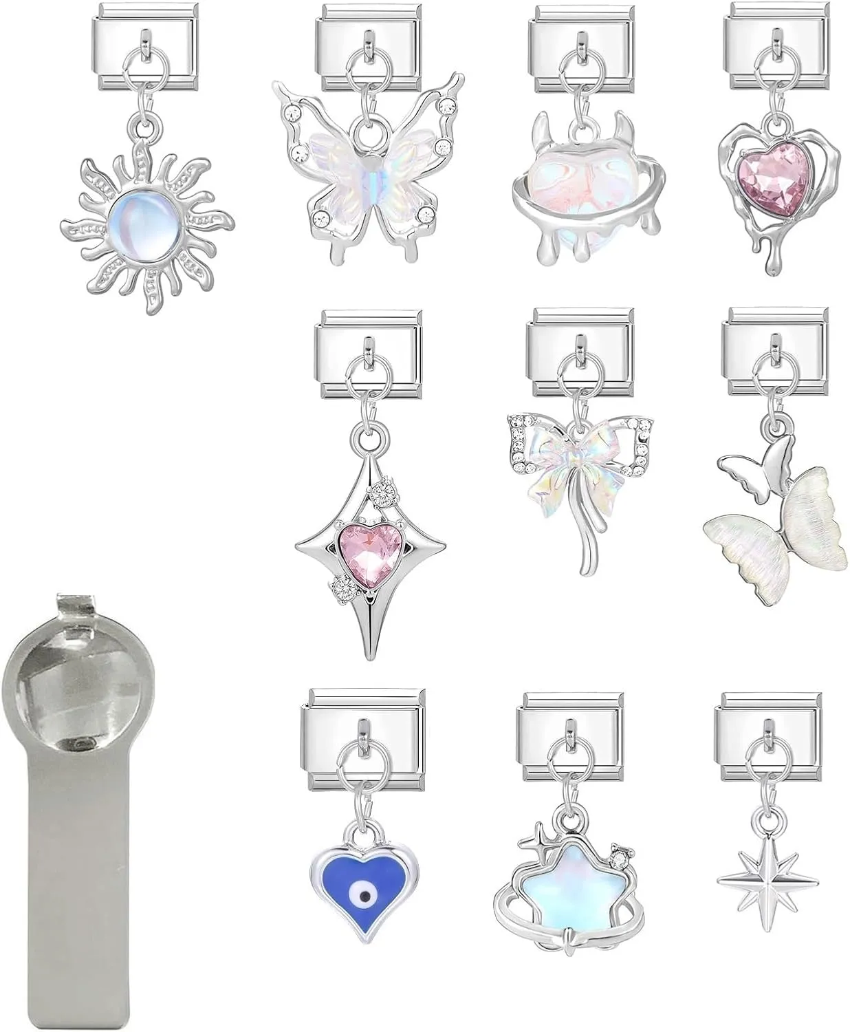 Papasgix Italian Charm Bracelet Charms Pack Links Bulk with Opening Tool - 9mm Italian Charms Pendants Modular Bracelet Links Handmade DIY Jewelry